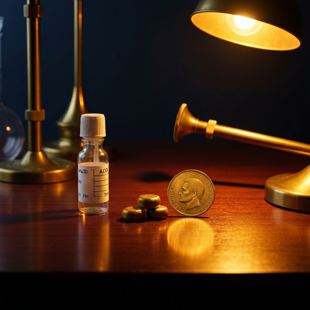 Macro photograph of acid testing bottle and gold testing stones beside a gold coin on dark walnut