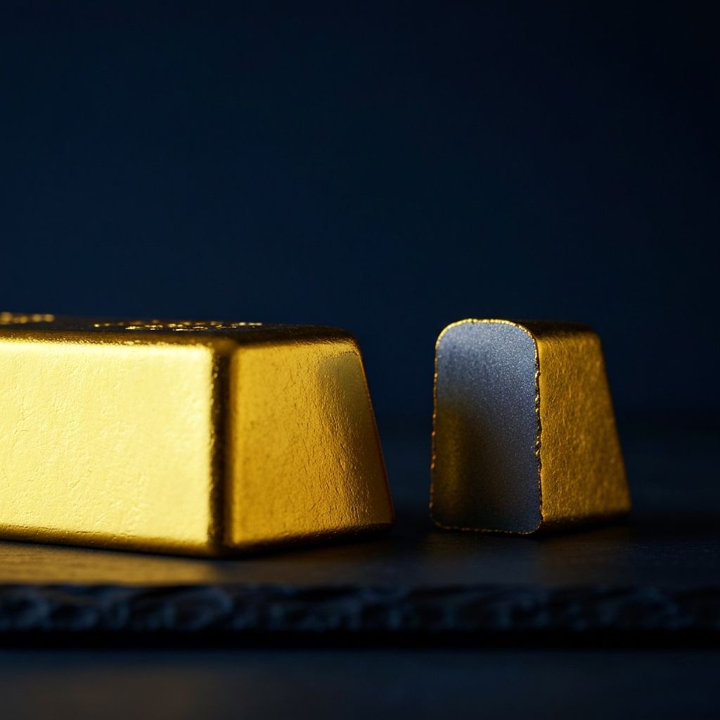 Macro photograph of a gold bar cut open to reveal a dull gray tungsten core