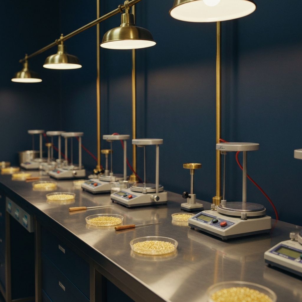 Precision assay laboratory bench with calibration scales and gold sample dishes