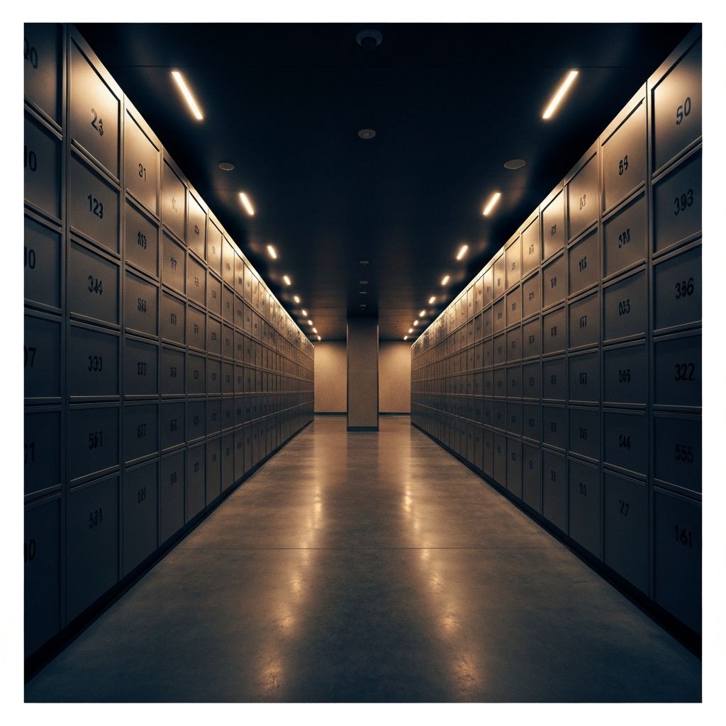 Long corridor of numbered storage cabinets inside an institutional bullion vault